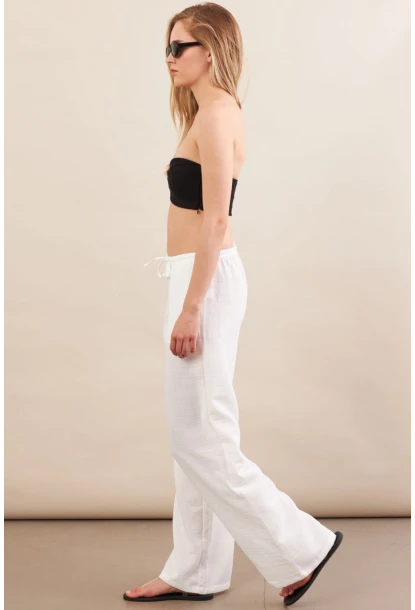 Kadın Beyaz Beli Bağcıklı Pantolon ZH105