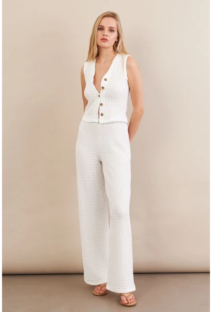 Kadın Beyaz Gofre Yelek Pantalon Takım FLU330
