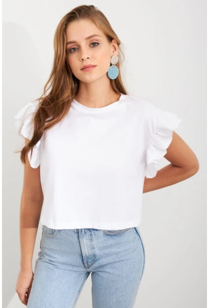 Kadın Beyaz Kolları Volanlı Crop T-Shirt SAN100
