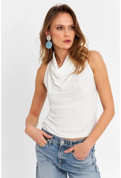 Kadın Beyaz Sırt Pencereli Desenli Bluz LPP1021