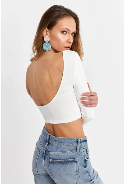 Kadın Beyaz Sırtı Açık Crop Bluz EV21