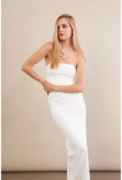 Kadın Beyaz Straplez Büzgülü Midi Elbise MX2005