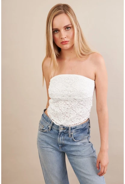 Kadın Beyaz Straplez Dantel Bluz ZH125
