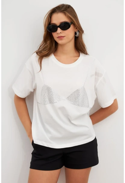 Kadın Beyaz Straslı Oversize T-Shirt TPG13