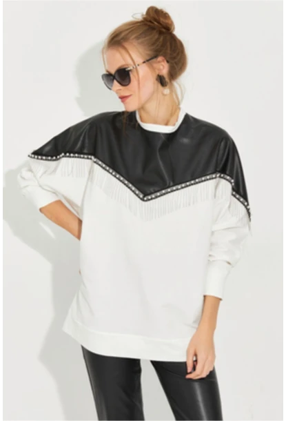 Kadın Beyaz Suni Deri Bloklu Sweatshirt PKA806