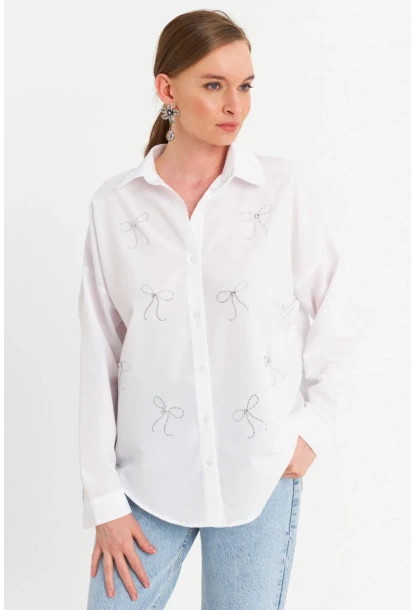Kadın Beyaz Taşlı Gömlek MZER426