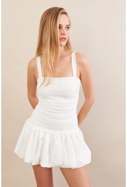 Kadın Beyaz Volanlı Astarlı Mini Tül Elbise KED7316
