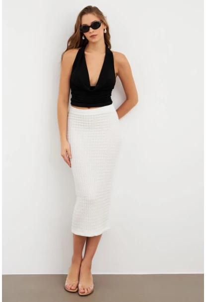 Kadın Beyaz Yırtmaçlı Bürümcük Midi Etek ZH329