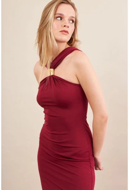Kadın Bordo Aksesuarlı Midi Elbise İRE101