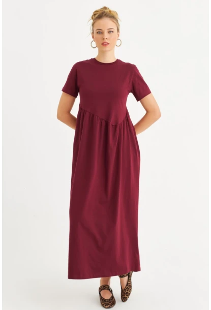 Kadın Bordo Asimetrik Dikişli Maxi Elbise MDMR440