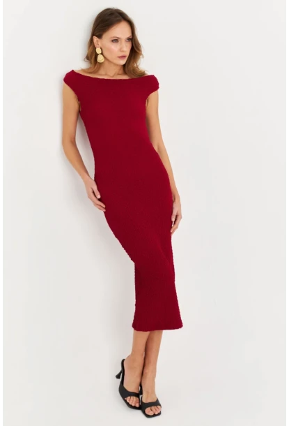 Kadın Bordo Asimetrik Yaka Gofre Midi Elbise MOD2358