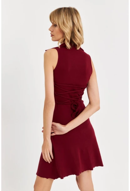 Kadın Bordo Bağlama  Detaylı Kaşkorse Mini Elbise FRY2271