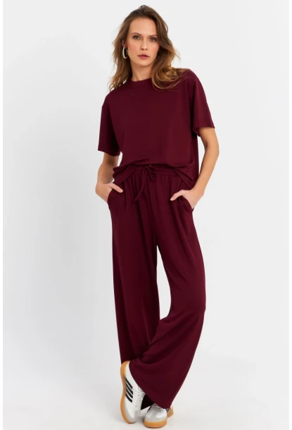 Kadın Bordo Basic Alt-Üst Pantolon Takım MRU6929