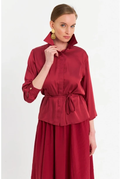 Kadın Bordo Beli Bağlamalı Saten Gömlek MMRS4212