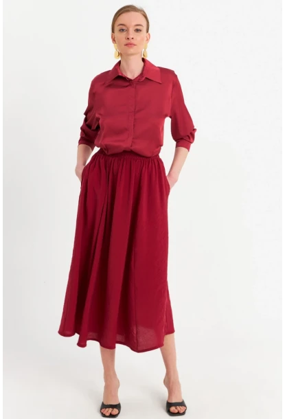 Kadın Bordo Cepli Midi Etek MSH20194