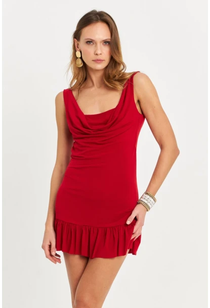 Kadın Bordo Degaje Yaka Mini Elbise HOR0078