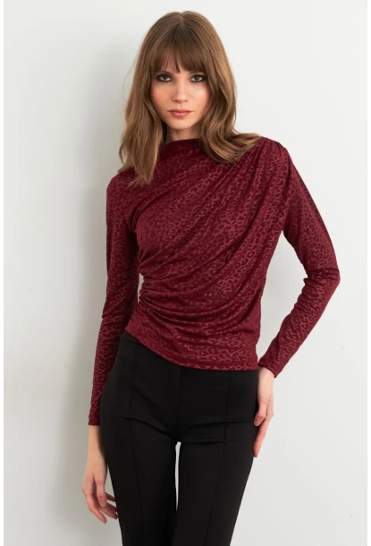 Kadın Bordo Desenli Büzgülü Bluz LPP1299