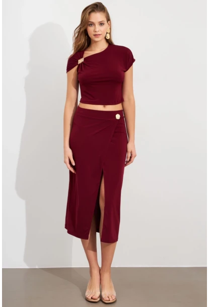 Kadın Bordo Dore Aksesuarlı İkili Takım UG7112