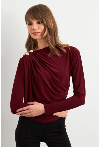 Kadın Bordo Düğme Detaylı Büzgülü Bluz LPP1223-1