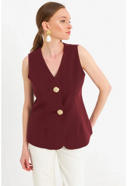 Kadın Bordo Düğme Detaylı Yelek CAR1152
