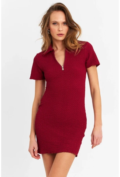 Kadın Bordo Fermuarlı Mini Elbise MOD2441