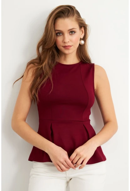 Kadın Bordo Kolsuz Peplum Bluz FLU7257