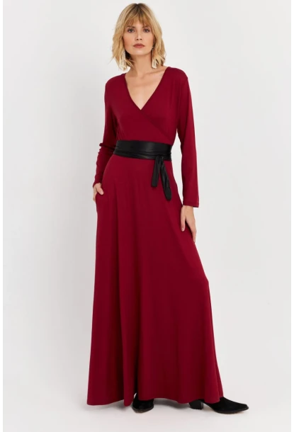 Kadın Bordo Kruvaze Maxi Elbise VTN3