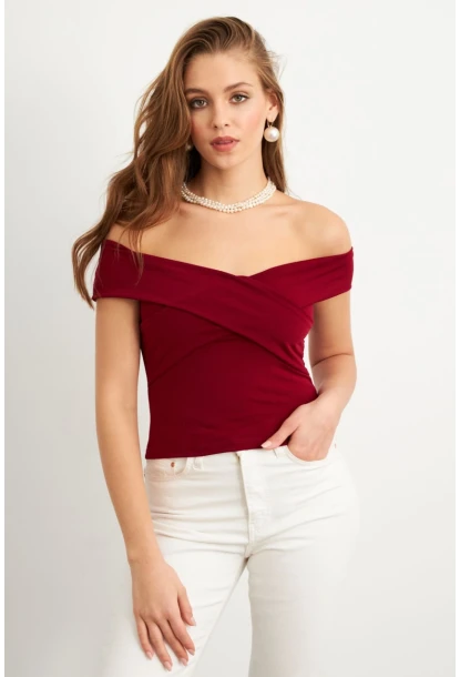 Kadın Bordo Madonna Yaka Crop Bluz VA101