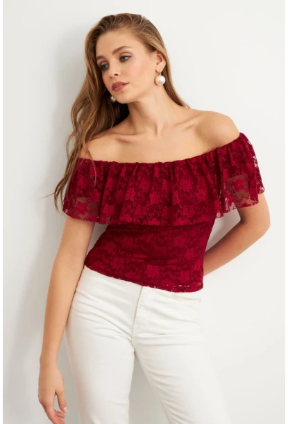 Kadın Bordo Madonna Yaka Dantel Bluz MTK13549
