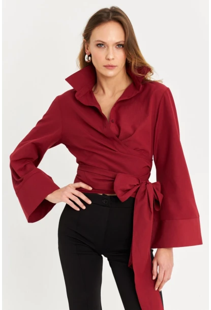 Kadın Bordo Önü Bağlamalı İspanyol Kol Gömlek MON142