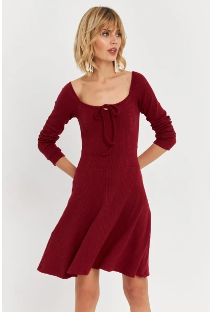 Kadın Bordo Önü Bağlamalı Mini Elbise TF59