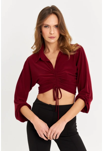 Kadın Bordo Önü Büzgülü Crop Bluz MRS103