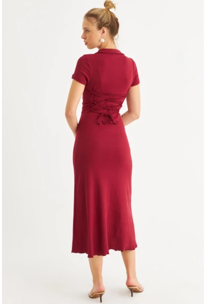 Kadın Bordo Sırt Bağlamalı Kaşkorse Midi Elbise MFRY0001
