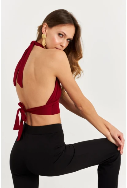 Kadın Bordo Sırt Ve Boyun Bağlamalı Bluz EY1472