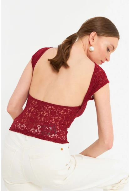Kadın Bordo Sırtı Açık Dantel Bluz ZH04