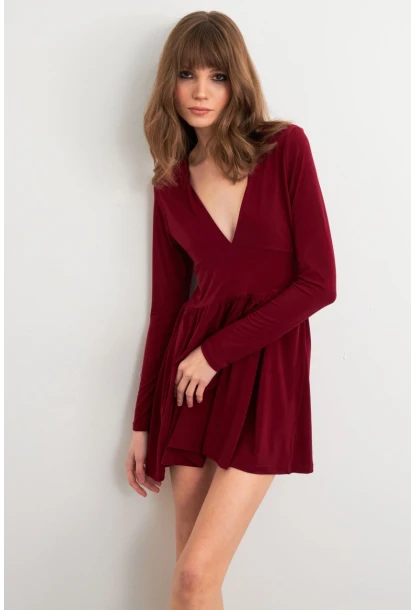 Kadın Bordo V Yaka Mini Elbise LİK17