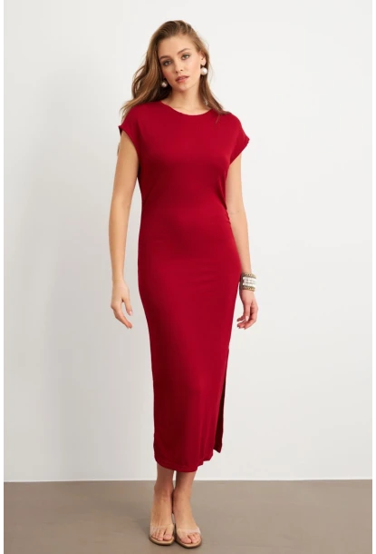Kadın Bordo Yanları Büzgülü Midi Elbise MK35