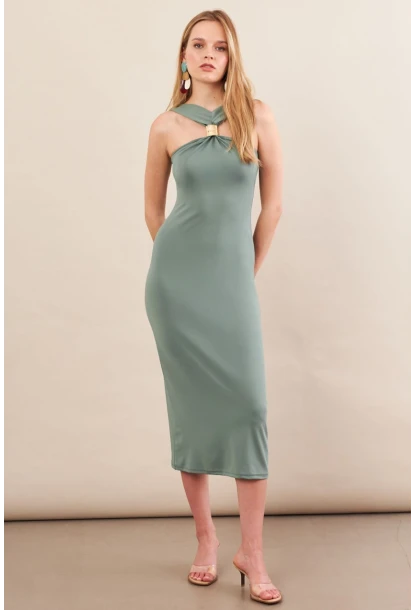 Kadın Çağla Yeşili Aksesuarlı Midi Elbise İRE101