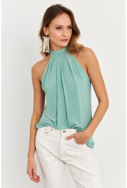 Kadın Çağla Yeşili Halter Yaka Desenli Bluz LPP1273