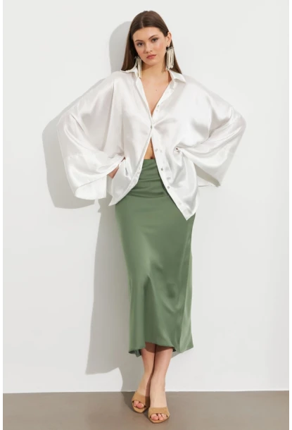Kadın Çağla Yeşili Saten Çan Etek SE20