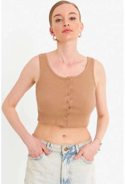 Kadın Camel Çıtçıtlı Crop Bluz YDF103