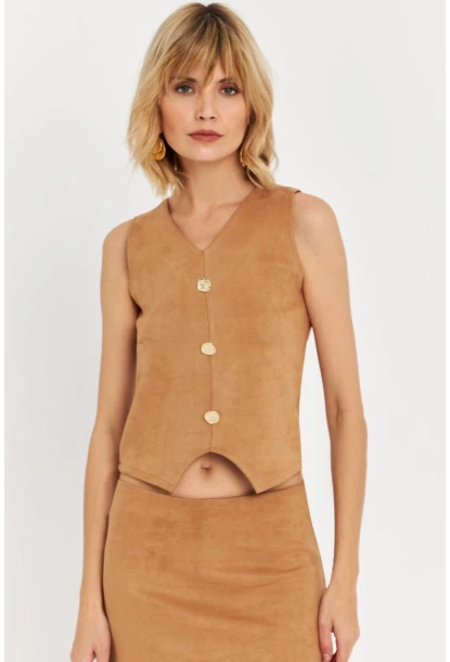Kadın Camel Düğme Detaylı Süet Bluz KED7113