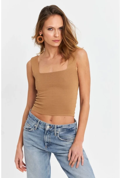 Kadın Camel Kare Yaka Triko Bluz SE8