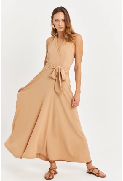 Kadın Camel Kruvaze Bürümcük Maxi Elbise EY3053