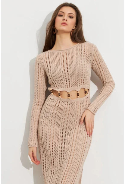 Kadın Camel Önü Pencereli Ajurlu Plaj Elbisesi KZ545