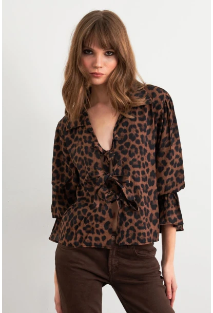 Kadın Camel-Siyah Bağlama Detaylı Leopar Gömlek FS9340