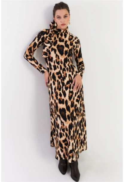 Kadın Camel-Siyah Boyun Bağlamalı Leopar Maxi Elbise EY2921