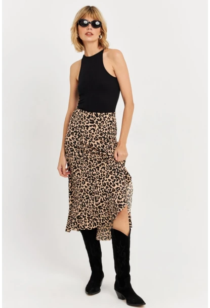 Kadın Camel-Siyah Fırfırlı Asimetrik Leopar Midi Etek LON3011