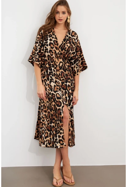 Kadın Camel-Siyah Kruvaze Leopar Midi Elbise KAB306