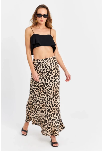 Kadın Camel-Siyah Saten Leopar Etek CAR2431